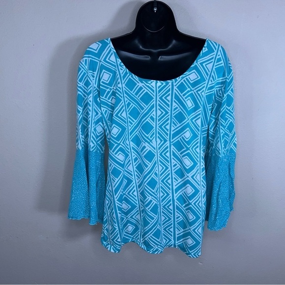 XL SANTIKI TEAL BLUE WHITE BELL SLEEVE BLOUSE TOP STRETCH PULLOVER - Picture 4 of 11